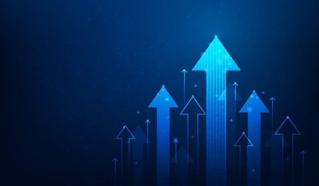 Бизнес стрелка вверх рост успеха технологии на темно-синем фоне график финансовых данных.