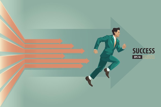 Vector business arrows concept with businessman with suit running to success acceleration for gain a profit sales background vector illustration