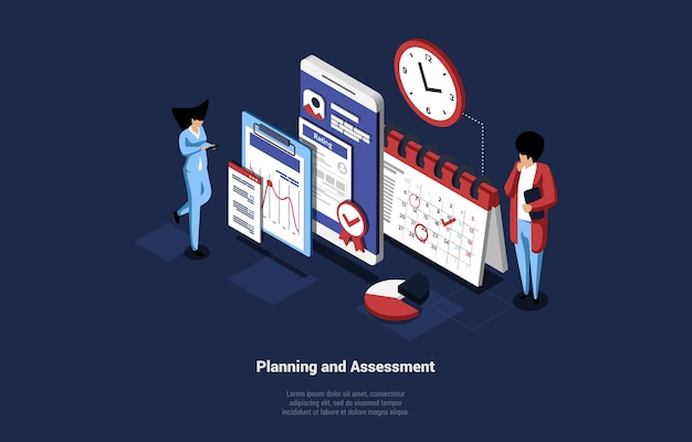 Business Art Of Planning And Assessment Idea. Isometric Illustration In Cartoon 3D Style With Tiny People