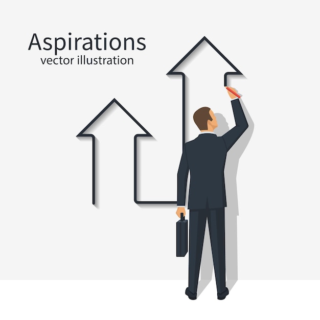 ビジネスの願望成功達成の概念ビジネスマンは上向き矢印を描くベクトル図フラットデザイン背景に分離目標を達成するための動機ウェイアップ