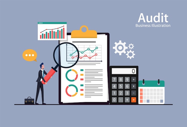 Audit aziendale, analisi dei dati dei rapporti finanziari, concetto di contabilità analitica con grafici e diagrammi