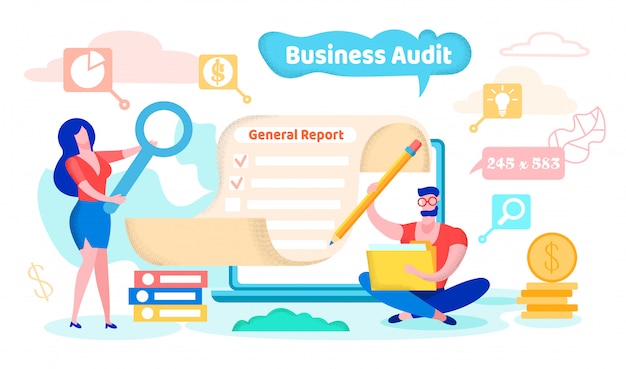 Business audit, general report, cartoon flat.