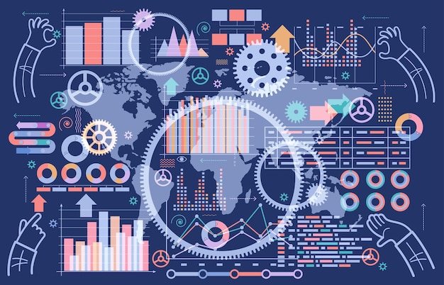 Vector business background template with graphs diagrams gears hands and a world map