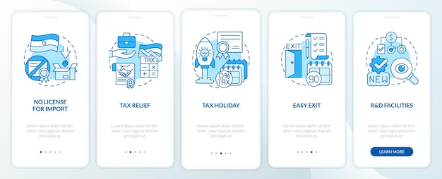 인도 블루 온보딩 모바일 앱 화면에서 비즈니스 혜택. 세금 공휴일 연습은 선형 개념이 있는 5단계 그래픽 지침 페이지입니다. Ui, Ux, Gui 템플릿입니다. 무수히 많은 Pro-bold, 일반 글꼴 사용