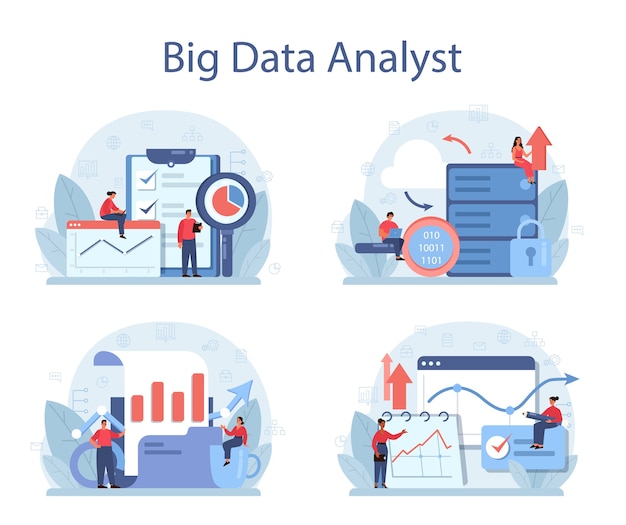 Business big data analysis and analytics concept set.