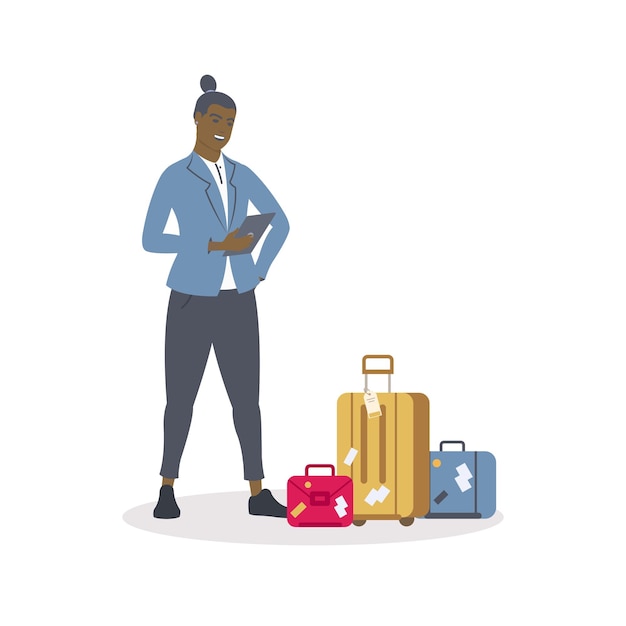 Business black man working in the airport and his luggage next to him on isolated white background