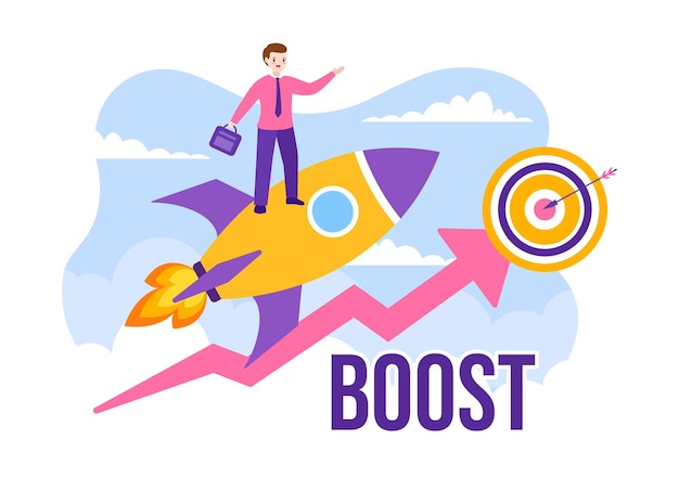 Business boost vector illustration with digital marketing rocket company career success