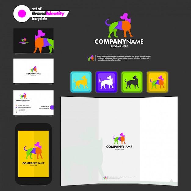 Business branding template with dog logotype, business card, leaflet and smartphone