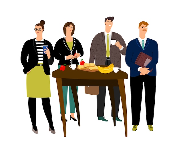 Business breakfast. flat colleagues have breakfast at work. coffee break vector illustration