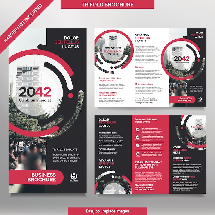 Vector business brochure template in tri fold layout. corporate design leaflet with replacable image.