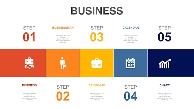 ビジネス ビジネスマン ブリーフケース カレンダー グラフ アイコン インフォ グラフィック デザイン レイアウト テンプレート 5 つのステップで創造的なプレゼンテーション コンセプト