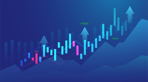 Бизнес-свеча диаграмма диаграммы инвестиционной торговли фондового рынка на синем фоне. бычья точка, восходящий тренд графика. векторный дизайн экономики.