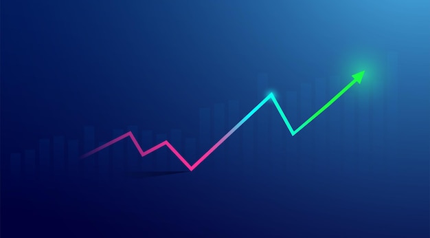 Grafico del grafico del bastone della candela di affari del commercio di investimento del mercato azionario su fondo blu. punto rialzista, trend rialzista del grafico. disegno vettoriale di economia.