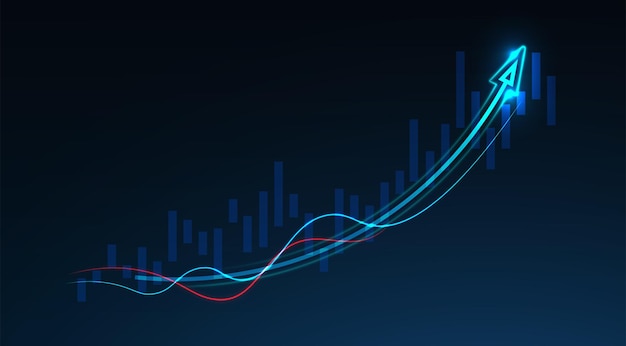 Grafico del grafico del bastone della candela di affari del commercio di investimento del mercato azionario su fondo blu. punto rialzista, trend rialzista del grafico. disegno vettoriale di economia.