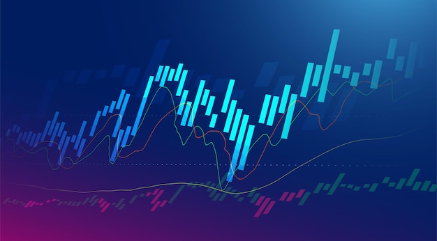 Grafico del grafico del bastone della candela di affari del commercio di investimento del mercato azionario su fondo blu. punto rialzista, trend rialzista del grafico. disegno vettoriale di economia.