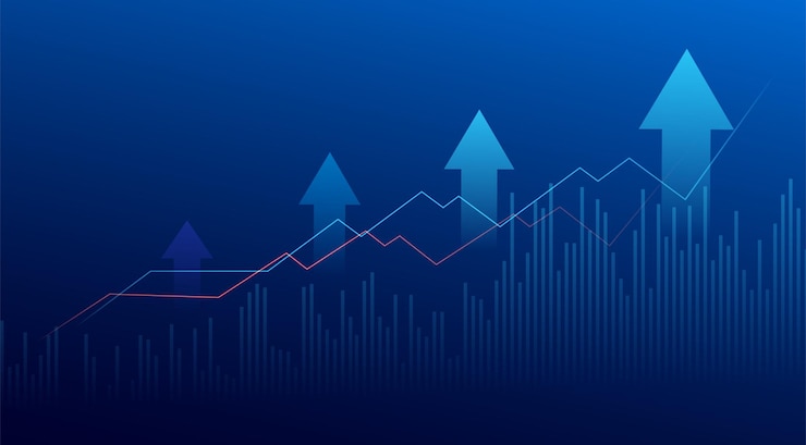 Vector business candle stick graph chart of stock market investment trading on blue background. bullish point, up trend of graph. economy vector design.