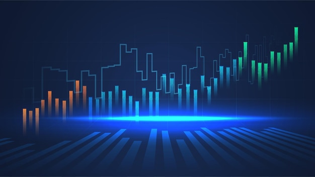 График графика бизнес-свечей на фондовом рынке, инвестиционная торговля на синем фоне Бычий тренд графика