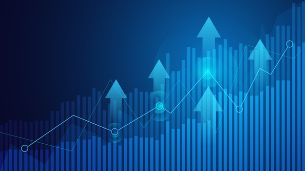 Business candle stick graph chart of stock market investment trading on blue background.