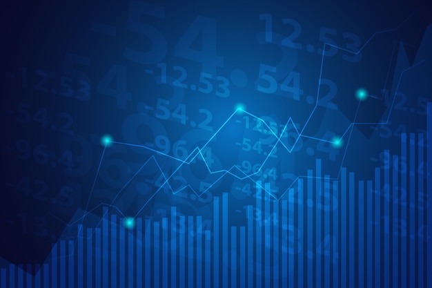 Grafico del grafico del bastone della candela di affari del commercio di investimento del mercato azionario sul fondo blu.