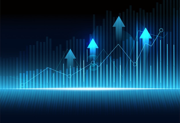 Business candle stick graph chart of stock market investment trading on dark blue background.