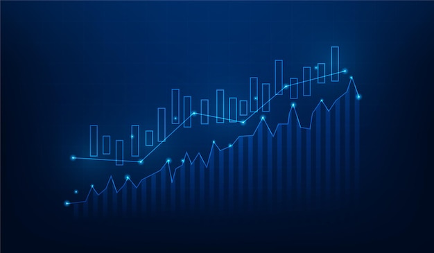 Vettore crescita degli investimenti del grafico del candeliere di affari su aumento del mercato commerciale su sfondo blu scuro