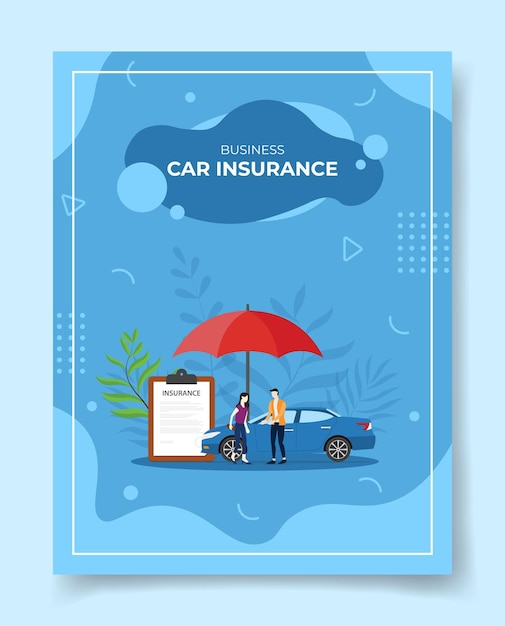 Vector business car insurance people around car contract policy insurance umbrella