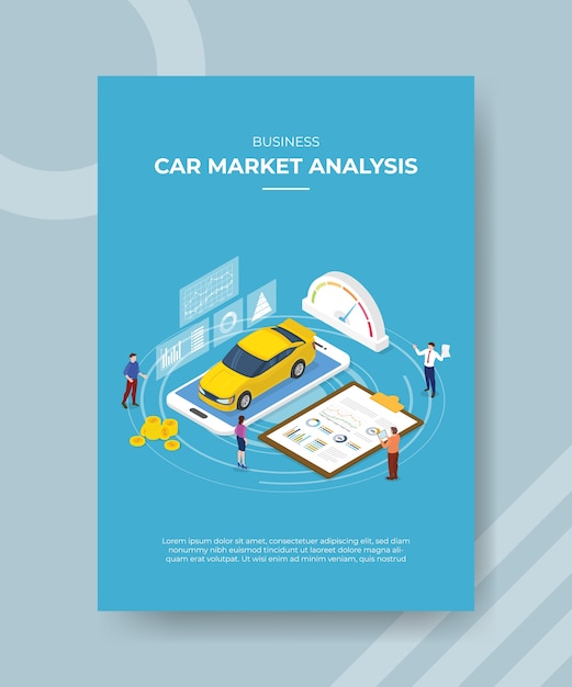 Persone di analisi del mercato delle auto aziendali in piedi intorno all'auto negli appunti del grafico dello smartphone