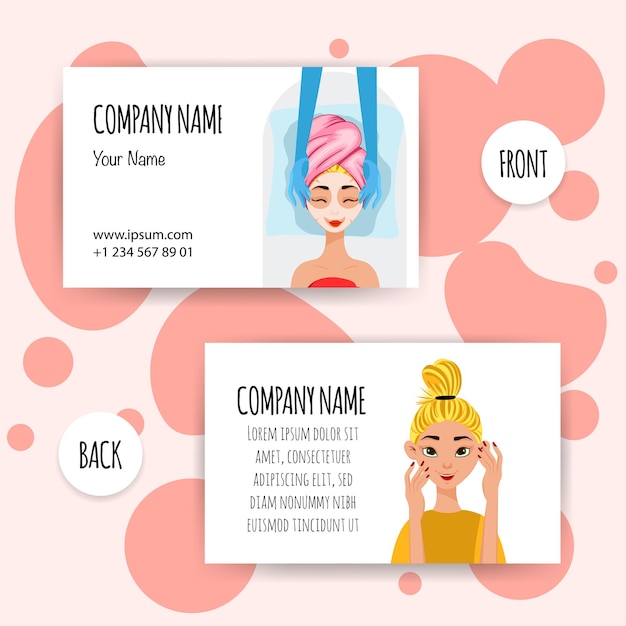 Business card for a beautician with a girl and facial treatments cartoon style vector illustration