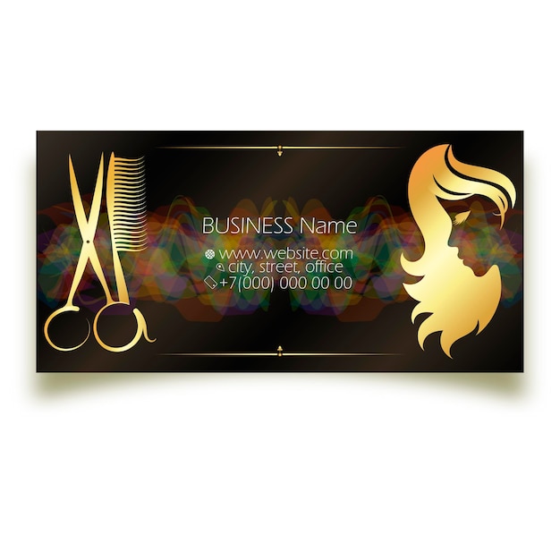 Vector business card for a beauty salon golden scissors with comb and girl silhouette