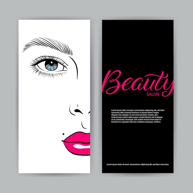 Vector business card for beauty salon with partrait of young attractive woman. vector iilustration