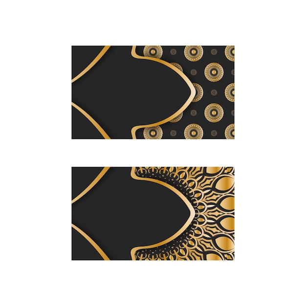 Визитная карточка черного цвета с золотым орнаментом мандалы для ваших контактов.