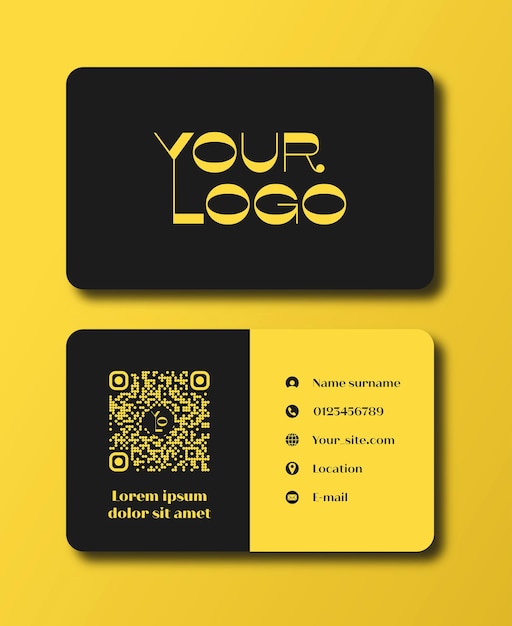 Vector business card in black and yellow colors with rounded edges readymade visiting card design with qr