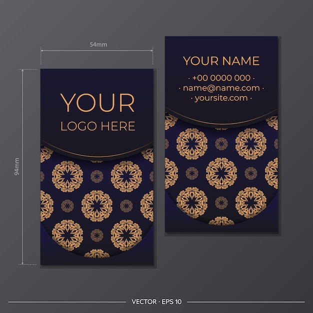 Business card in blue with luxurious ornaments. Print-ready business card design with space for your text and vintage patterns.