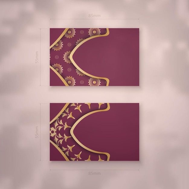 Vector business card in burgundy color with vintage gold pattern for your contacts.