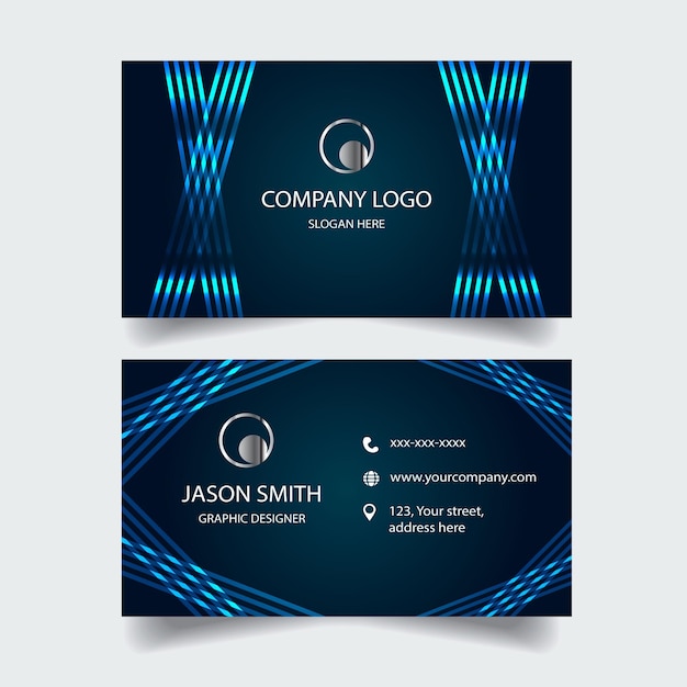 A business card for company logo that is blue and black.