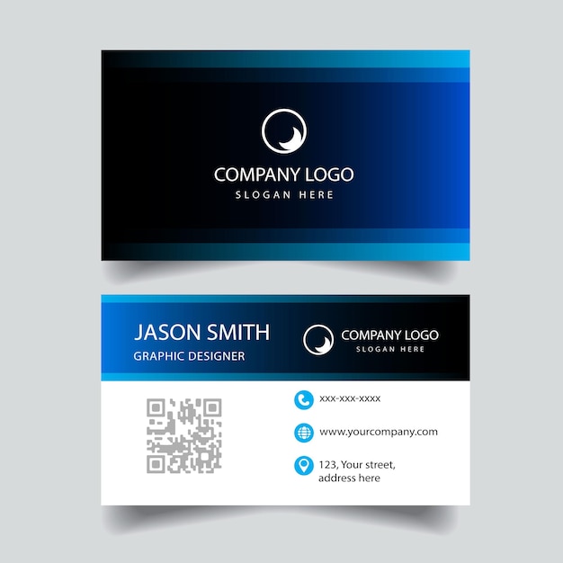 A business card for company logo that is blue and black.