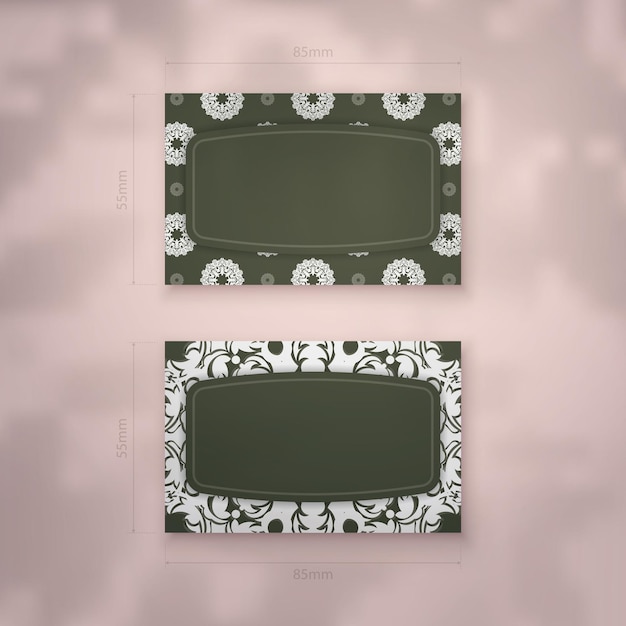 Vector business card in dark green color with indian white pattern for your contacts.