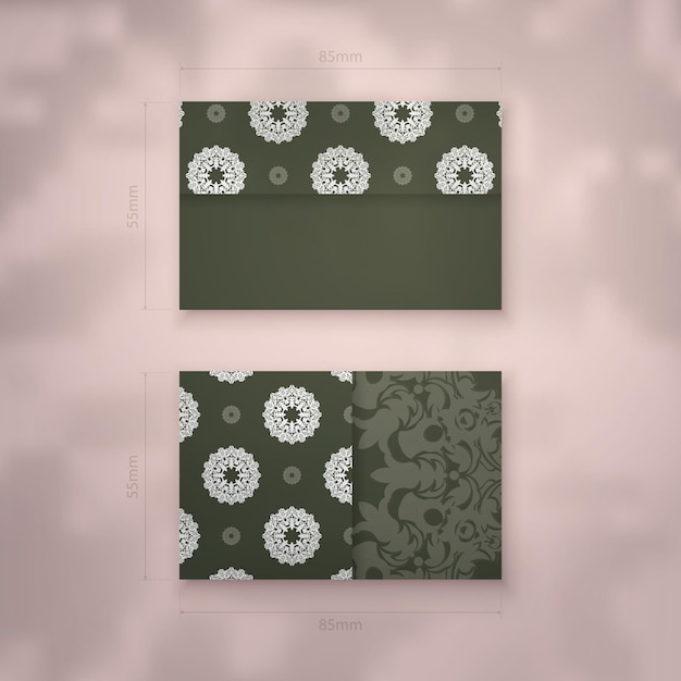 Vector business card in dark green color with luxurious white pattern for your brand.