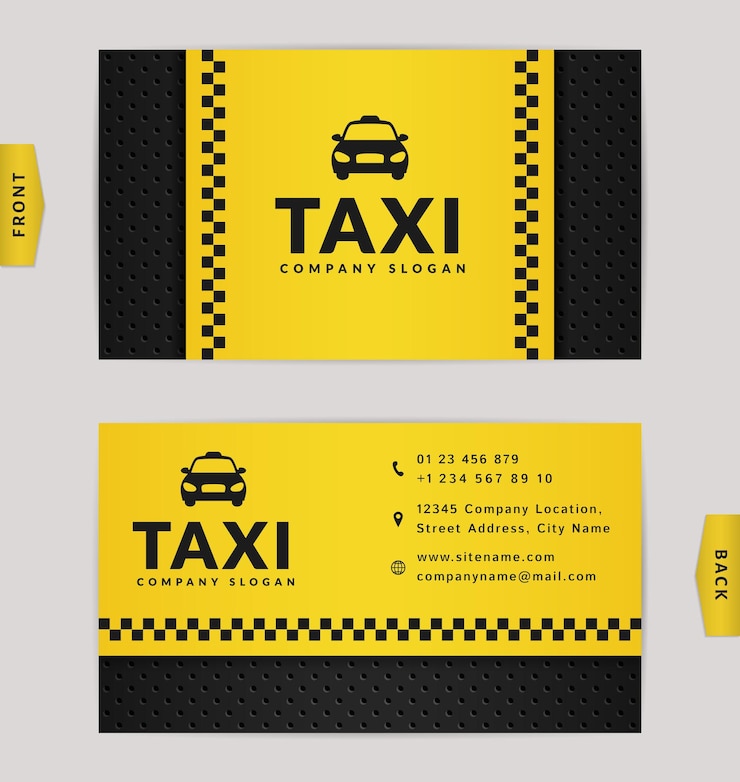 Business card design in black and yellow colors. Stylish template for taxi company.