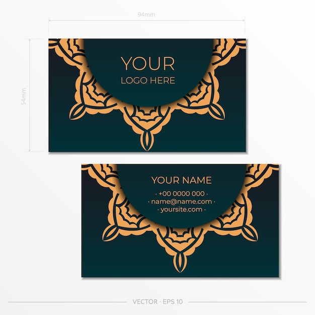 Business card design in dark green color with luxurious ornaments. Stylish presentable business cards with vintage patterns.