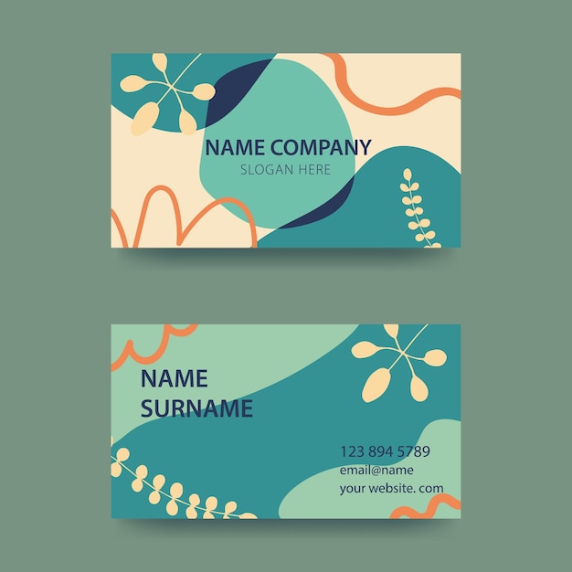 Дизайн визитной карточки в мягких пастельных тонах современная концепция с жидкими каплями, кисть, цветы, листья, линии, оттенки зеленого, вектор