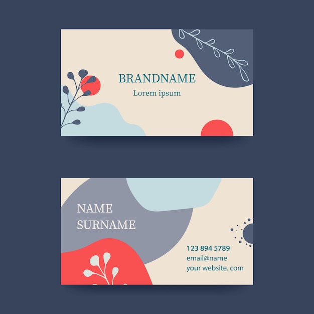 Vector business card design in soft pastel colors modern concept with liquid drops brush flowers leaves lines shades of red and blue vector