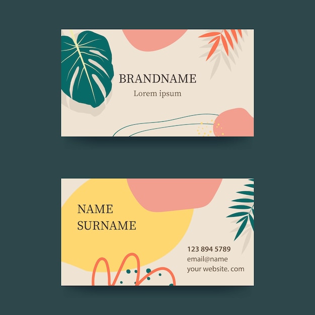 Business card design in soft pastel colors Modern concept with liquid drops brush flowers leaves linesblots Monstera branches Vector