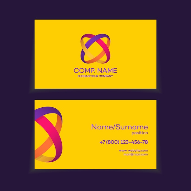 Business card design template with two circle colorful abstract logo on yellow background used for corporate identity marketing firm funds service investment Infinity logo Vector Illustration