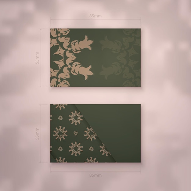 Vector business card in green color with luxurious brown ornaments for your business.