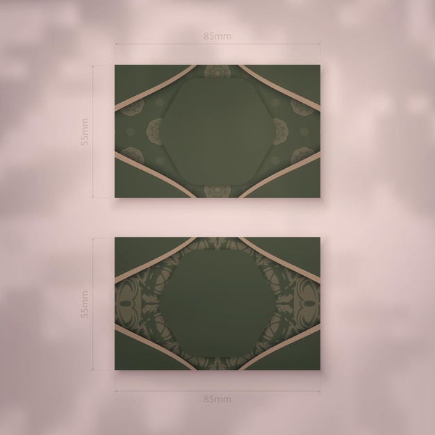 Business card in green color with vintage brown pattern for your contacts.