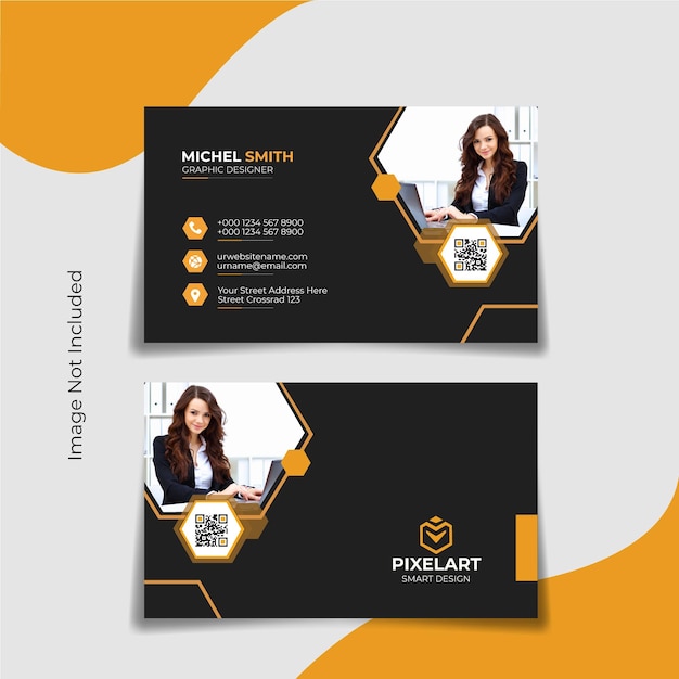 The business Card has a Orange and black flat design that looks sharp.