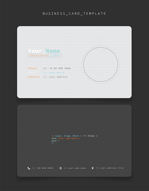 Шаблон визитной карточки или удостоверения личности на белом и темно-сером фоне для оформления личности программиста