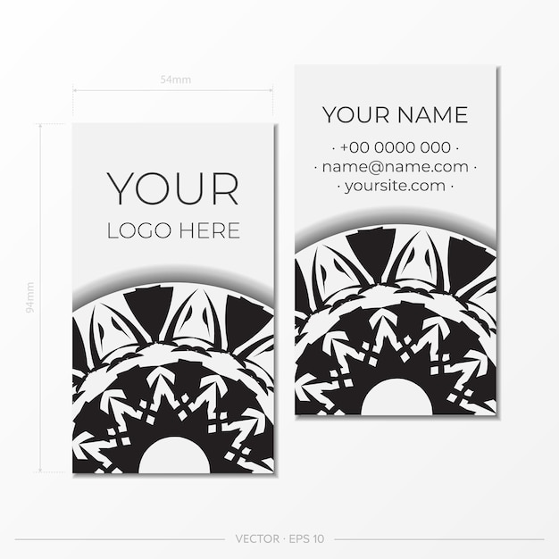 Визитная карточка белого цвета с черным орнаментом. Готовый к печати дизайн визитной карточки с местом для текста и абстрактными узорами.