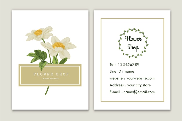 Vector business card. peony flower drawings.